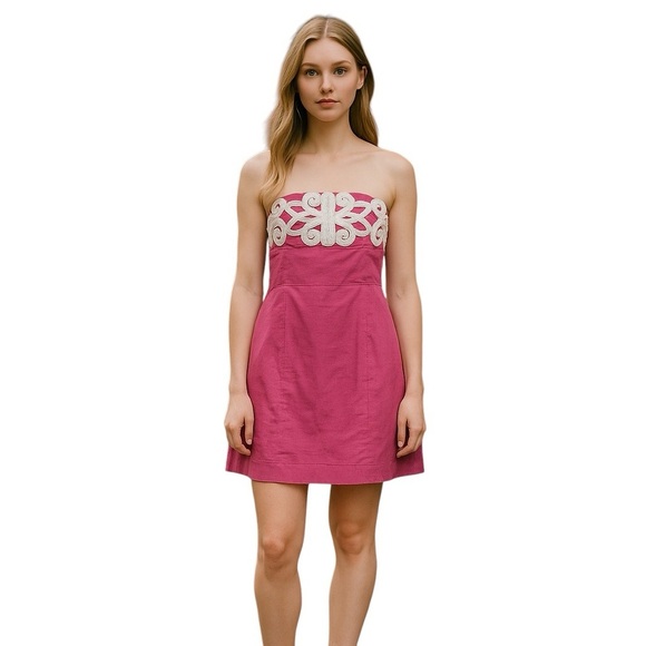 Lilly Pulitzer Womens Size 0 Pink and White Embroidered Strapless Dress - Picture 1 of 5
